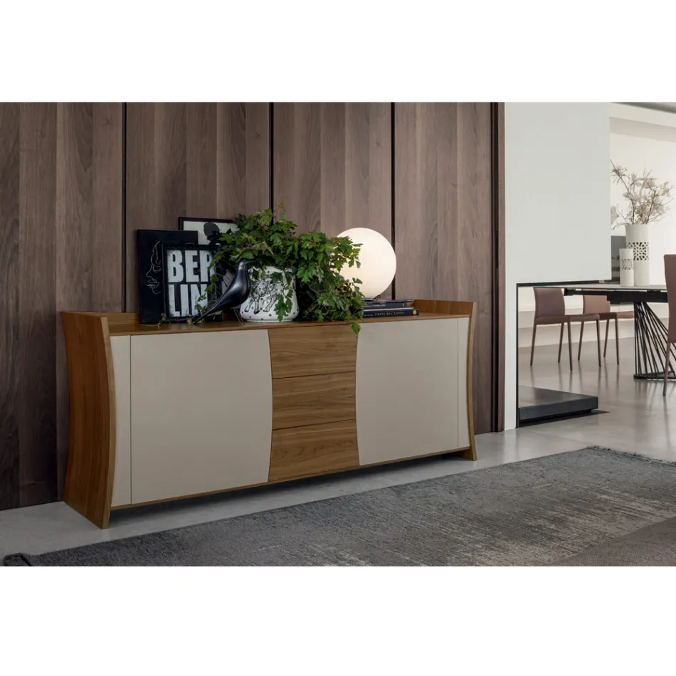Sideboard in Lacquered Wood 2 Doors 3 Drawers Curvilinear Italian Design - Celio Viadurini