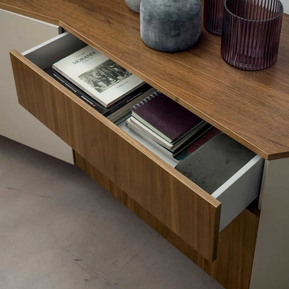 Sideboard in Mdf with 2 Doors and 2 Protruding Drawers Inclined Sides - Caspiter Viadurini