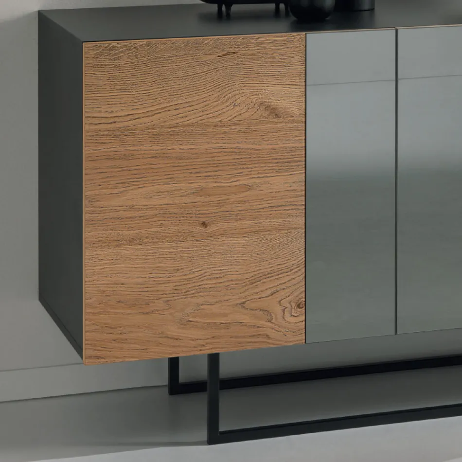 Melamine Sideboard with 3 Oak Doors and Mirror Made in Italy - Romina Viadurini