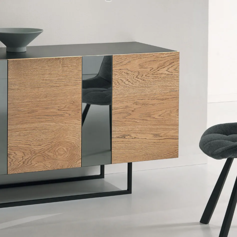 Melamine Sideboard with 3 Oak Doors and Mirror Made in Italy - Romina Viadurini
