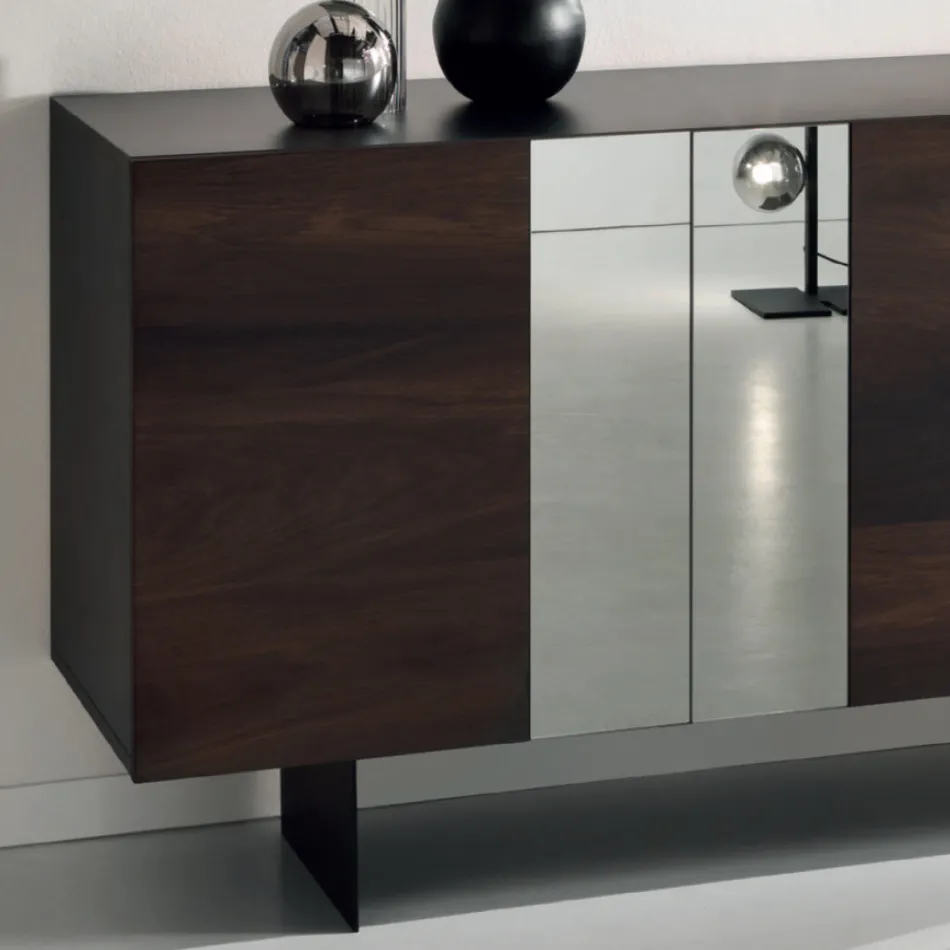 Melamine Sideboard with 3 Oak Doors and Mirror Made in Italy - Romina Viadurini