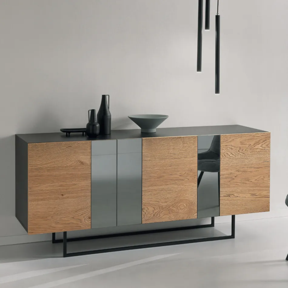 Melamine Sideboard with 3 Oak Doors and Mirror Made in Italy - Romina Viadurini