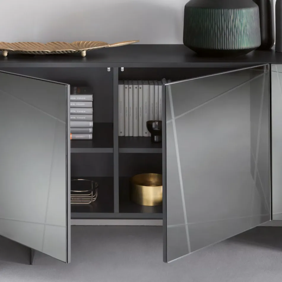 Sideboard in Melamine with Mirror Covered Doors Made in Italy - Ester Viadurini