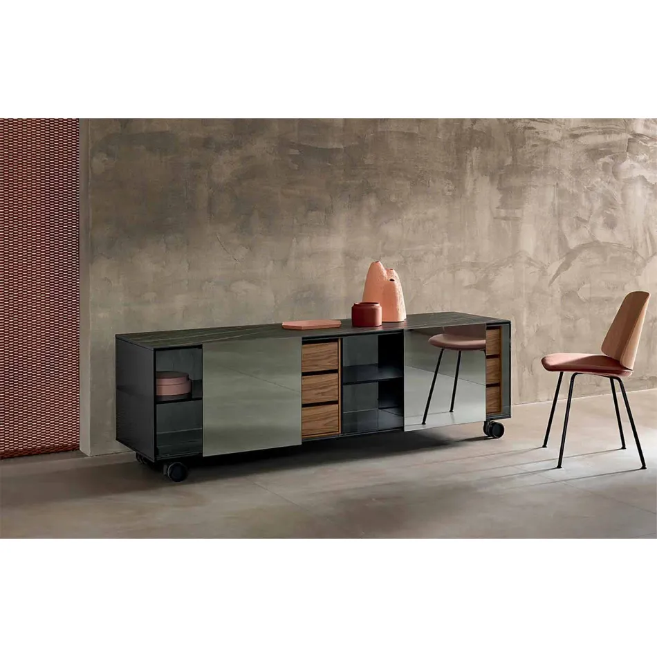 Modern Sideboard on Smoked Glass Wheels and Ceramic Top Made in Italy - Sciocca Viadurini