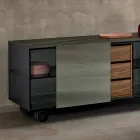 Modern Sideboard on Smoked Glass Wheels and Ceramic Top Made in Italy - Sciocca Viadurini