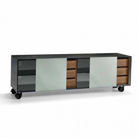 Modern Sideboard on Smoked Glass Wheels and Ceramic Top Made in Italy - Sciocca Viadurini