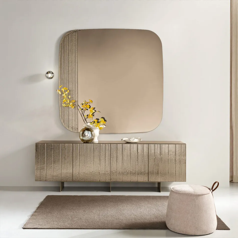 Four-Door Sideboard in Melamine and Coated Striped Glass Made in Italy - Ninfa Viadurini