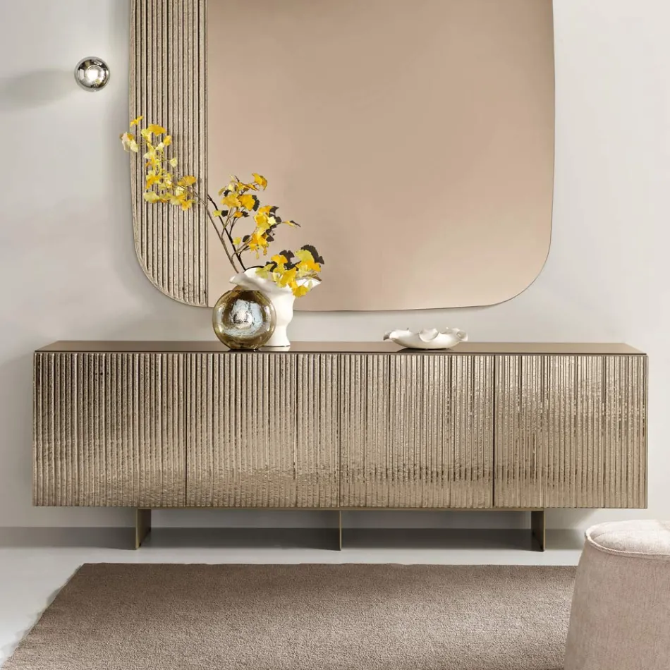 Four-Door Sideboard in Melamine and Coated Striped Glass Made in Italy - Ninfa Viadurini