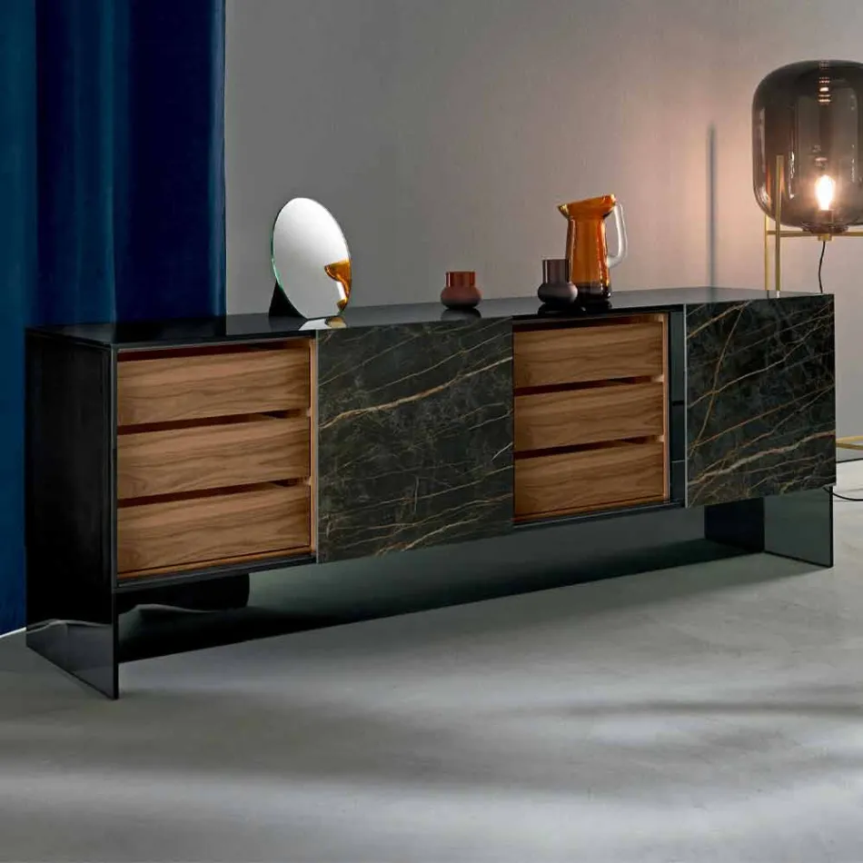 Living Room Sideboard 2 Ceramic Doors and Smoked Glass Structure Made in Italy - Sciocca Viadurini