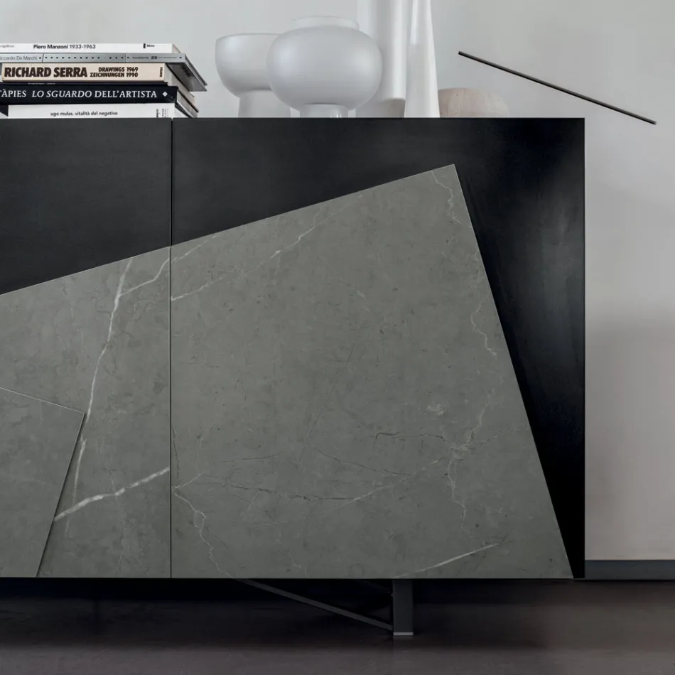 Living Room Sideboard in Lacquered Mdf 3 Doors with Ceramic Inserts - Imperio Viadurini