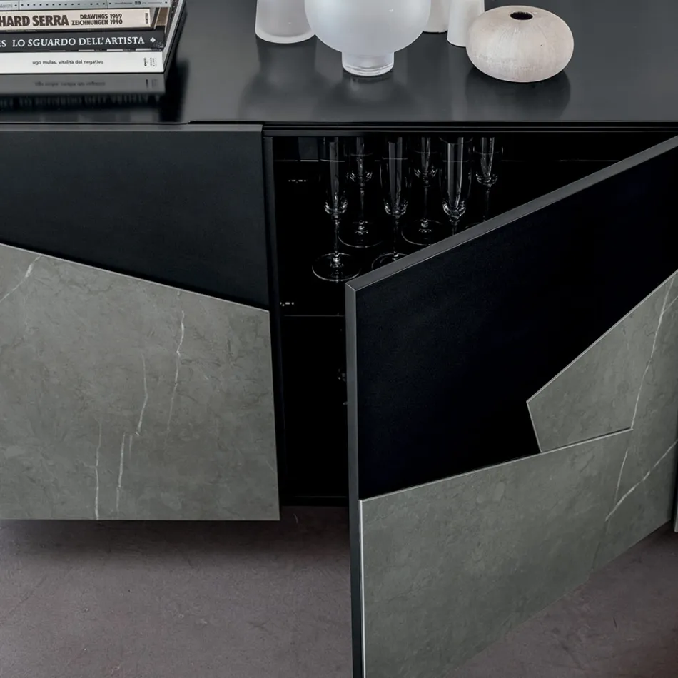 Living Room Sideboard in Lacquered Mdf 3 Doors with Ceramic Inserts - Imperio Viadurini