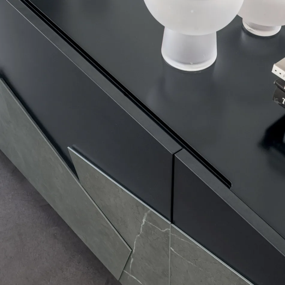 Living Room Sideboard in Lacquered Mdf 3 Doors with Ceramic Inserts - Imperio Viadurini