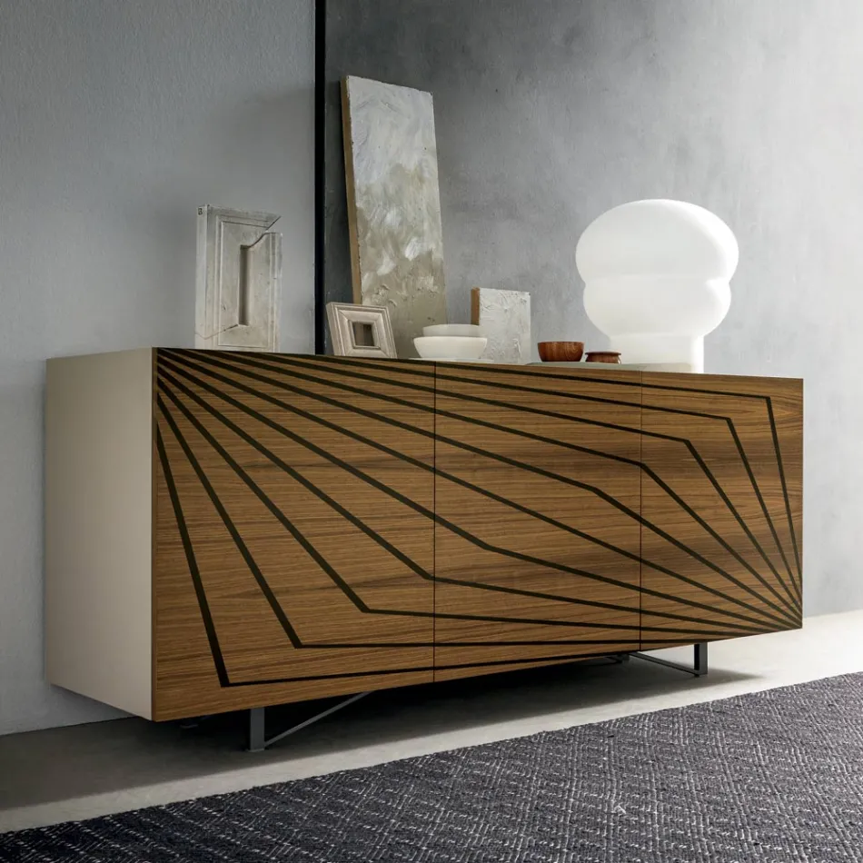 Living Room Sideboard in Lacquered Mdf 3 Doors with Screen Printed Inlays - Saronno Viadurini