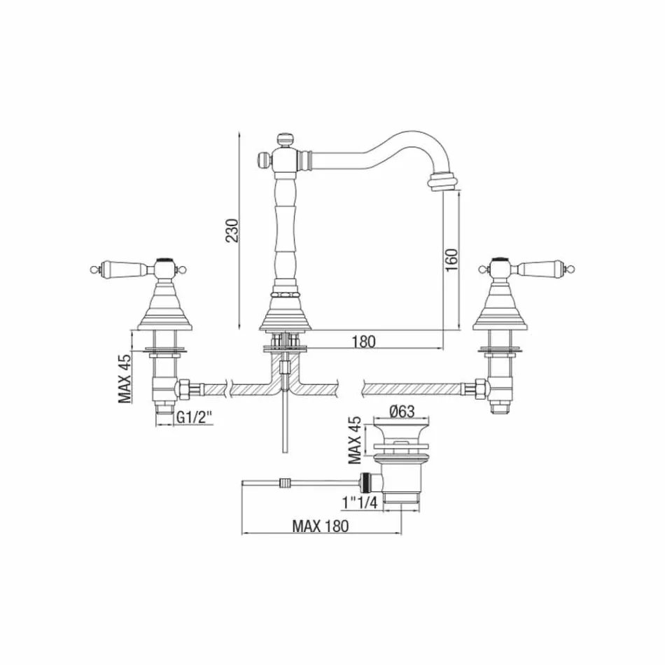 Classic 3-Hole Brass Basin Mixer Made in Italy - Shelly Viadurini
