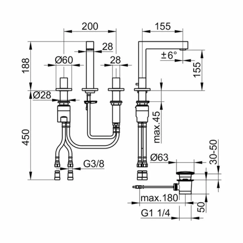 Modern Three-Hole Chrome Metal Bathroom Sink Mixer - Girino Viadurini