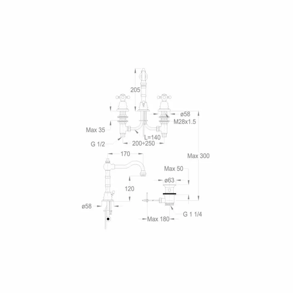 Modern Brass Three-Hole Bathroom Sink Mixer Made in Italy - Binsu Viadurini