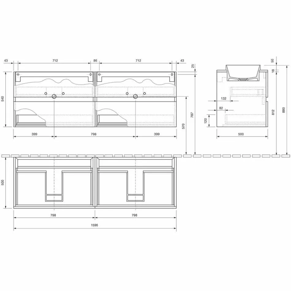 Suspended Bathroom Furniture with Double Built-in Washbasin, Modern Design - Dumbo Viadurini