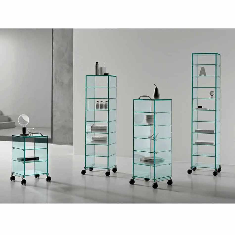 Multipurpose Cabinet with Transparent Glass Wheels with 3,6,8 or 10 Shelves - Versatilio Viadurini