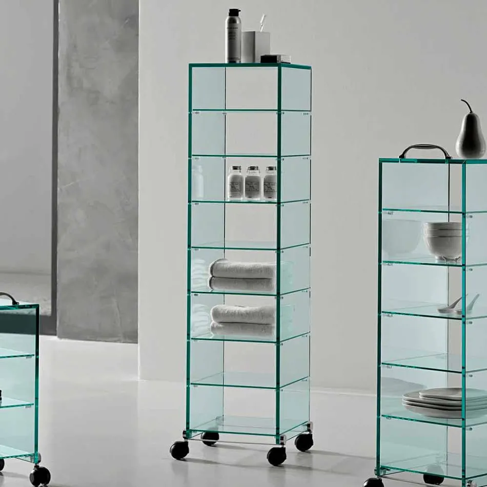 Multipurpose Cabinet with Transparent Glass Wheels with 3,6,8 or 10 Shelves - Versatilio Viadurini