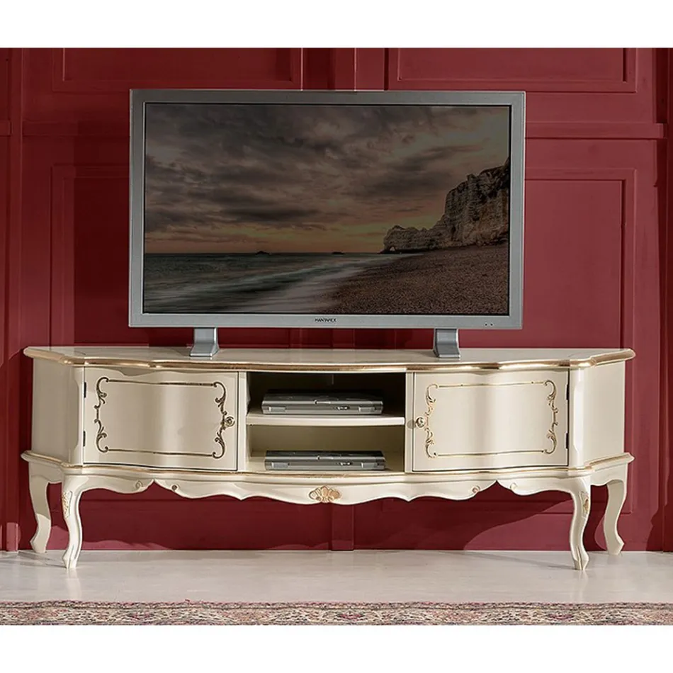 Classic Wooden TV Stand with Doors and Compartments Made in Italy - Leonor Viadurini