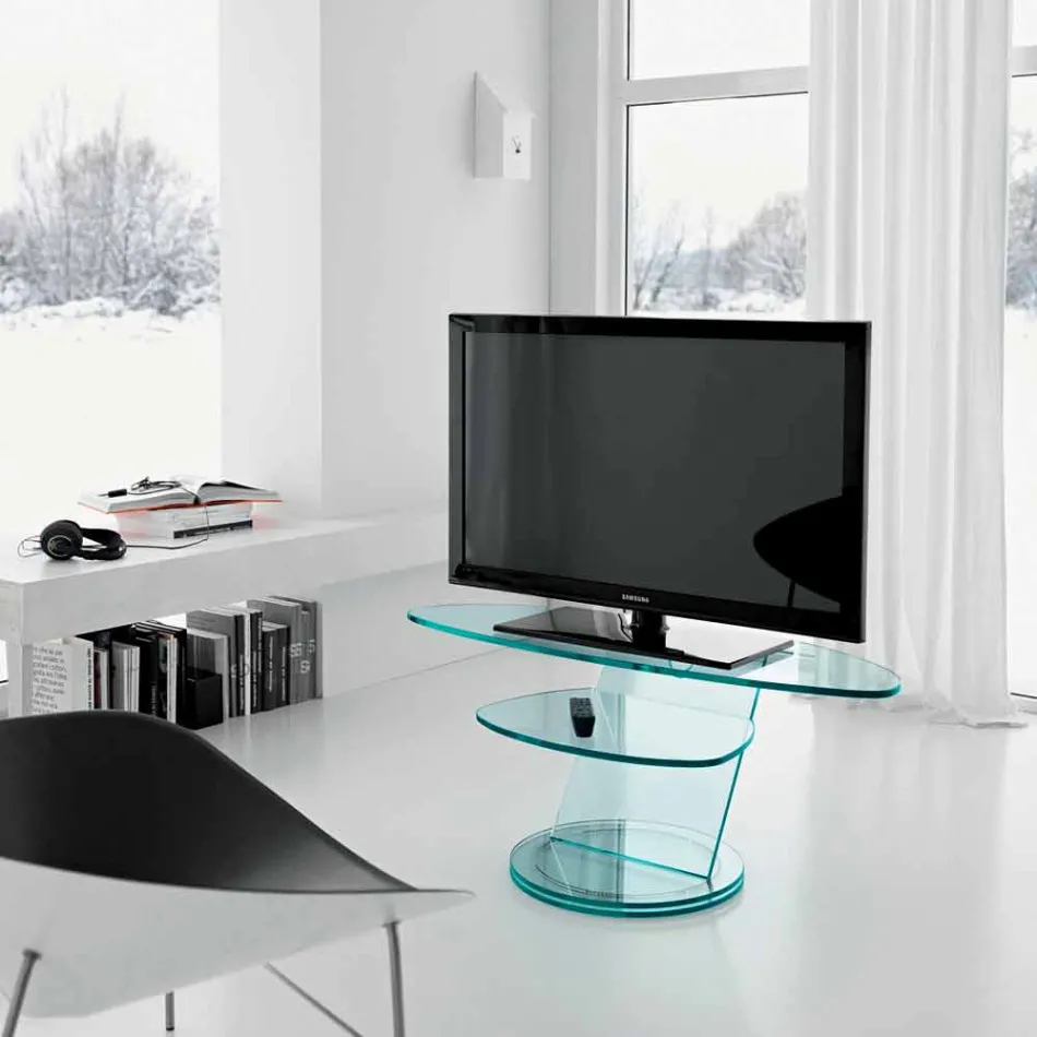 Glass TV Cabinet with Rotating Base and 2 Dimensions Shelf - Salemme Viadurini