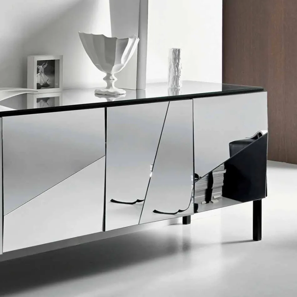Living Room Sideboard in Matt Black Wood and Mirror Glass Top Liscio - Senese Viadurini