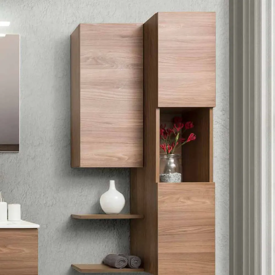 Suspended Design Bathroom Furniture in Melamine Walnut - Becky Viadurini