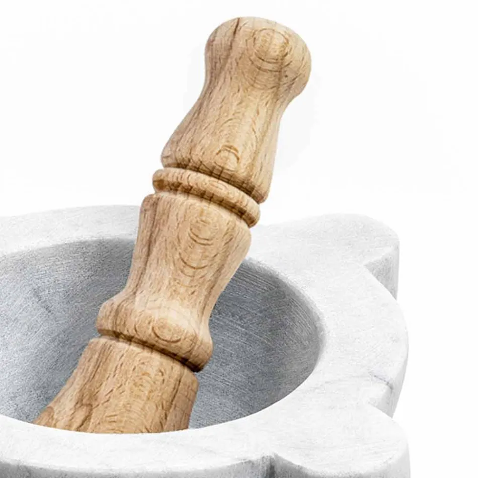 Mortar in White Carrara Marble with Wooden Pestle Made in Italy - Winda Viadurini
