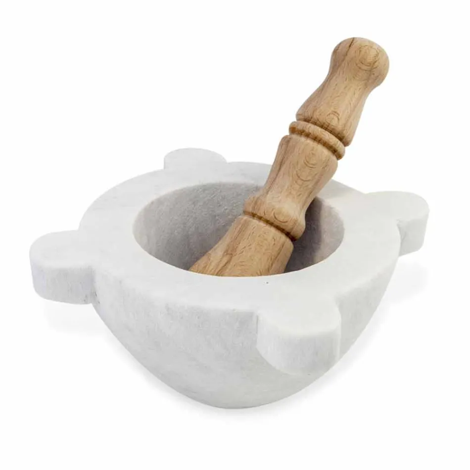 Mortar in White Carrara Marble with Wooden Pestle Made in Italy - Winda Viadurini