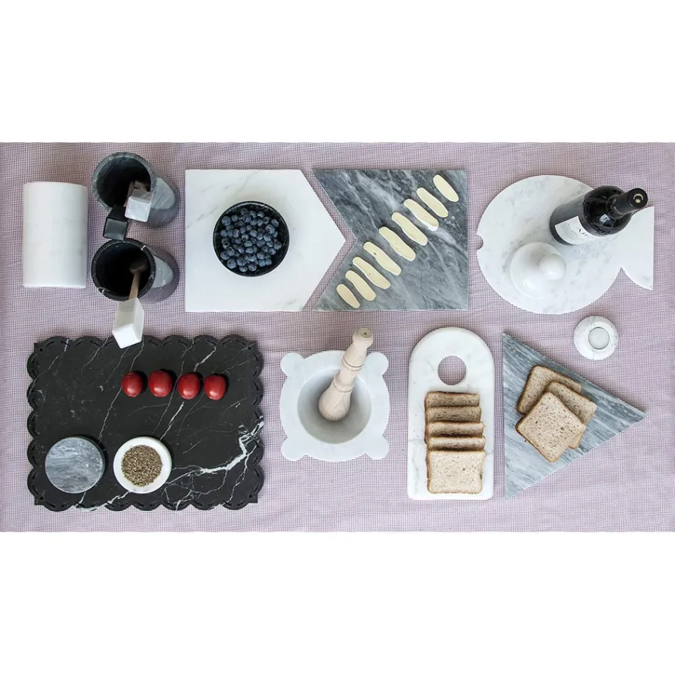 Mortar in White Carrara Marble with Wooden Pestle Made in Italy - Winda Viadurini