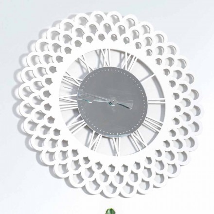 Wall Clock in White Wood with Large and Modern Floral Design - Gerbera Viadurini