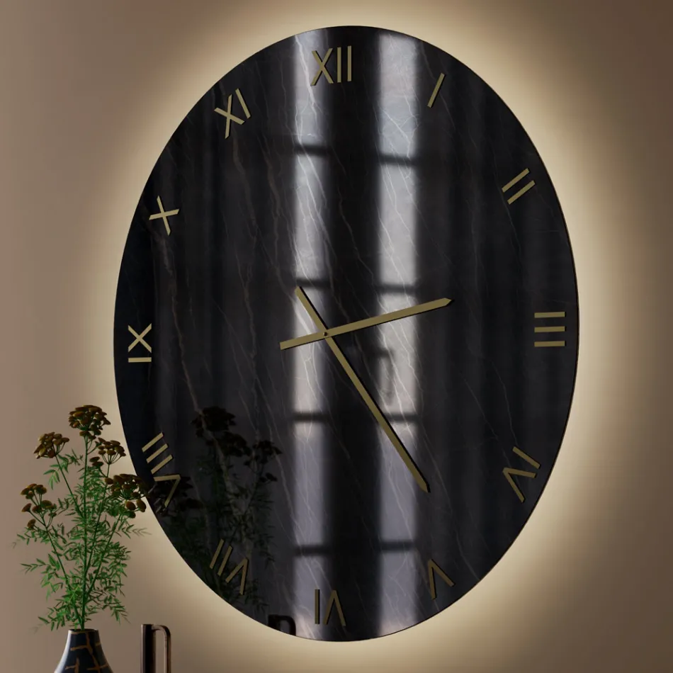 Black Gold Marble Effect Glass Wall Clock with Brass Hands - Cortex Viadurini
