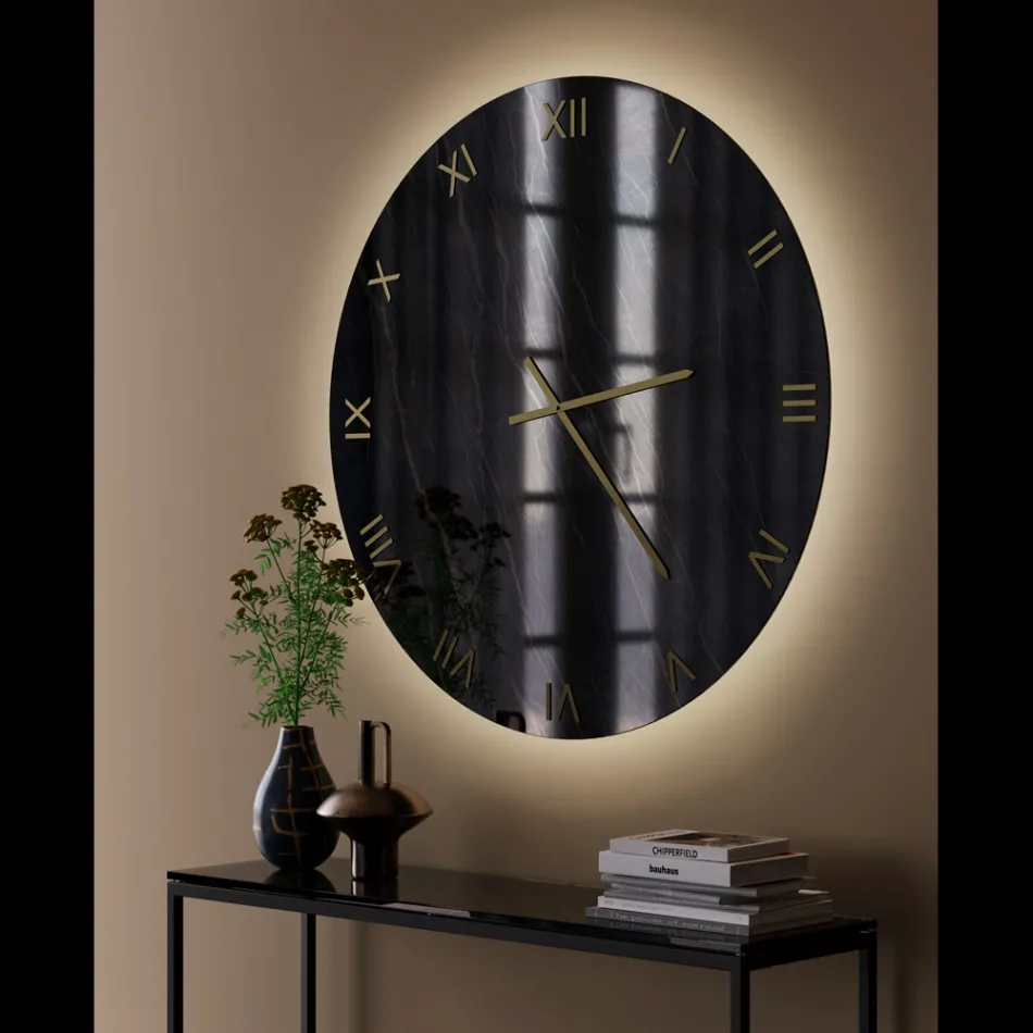 Black Gold Marble Effect Glass Wall Clock with Brass Hands - Cortex Viadurini