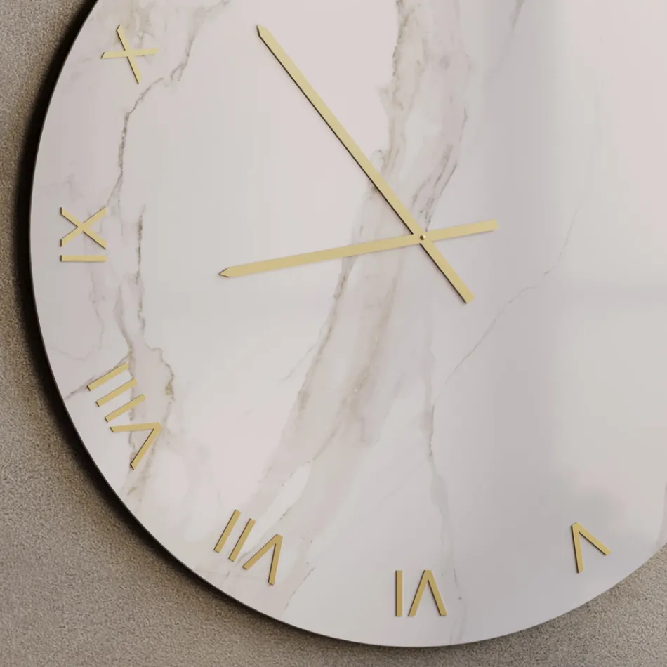 Calacatta Marble Effect Glass Wall Clock with Brass Hands - Axis Viadurini