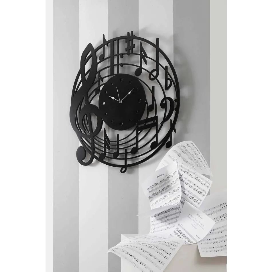 Modern Design Round Black Wall Clock in Decorated Wood - Music Viadurini