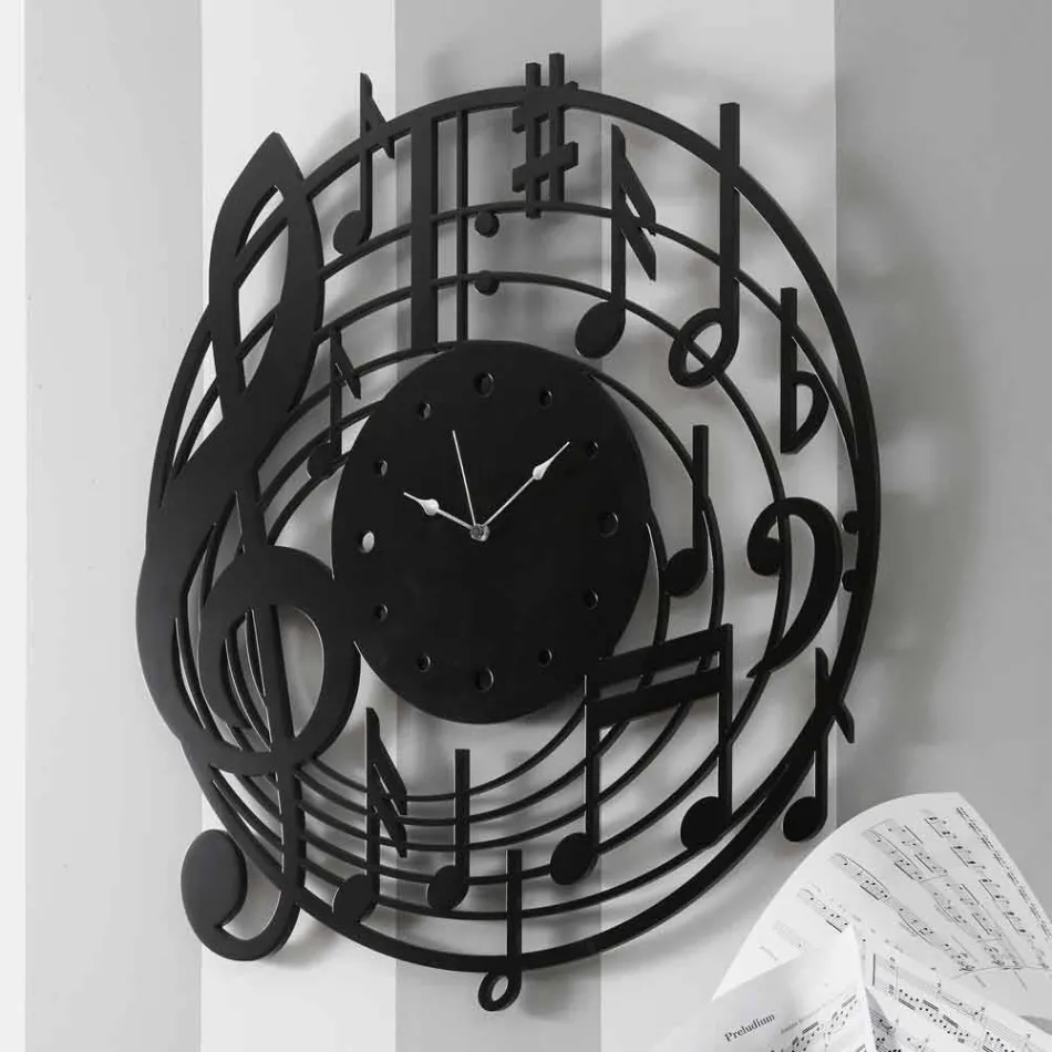 Modern Design Round Black Wall Clock in Decorated Wood - Music Viadurini