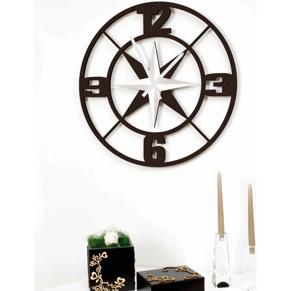 Large Design Wall Clock in White and Brown Shabby Wood - Hinge Viadurini