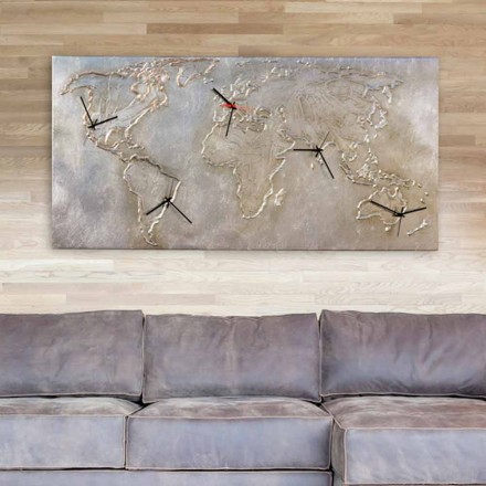 Modern clock with five quadrants depicting the world Miles Viadurini