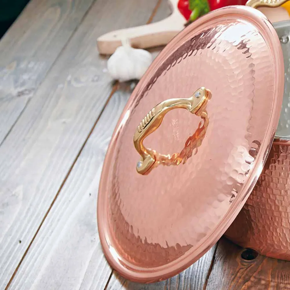 Hand Tinned Copper Round Frying Pan with Handle and Lid 28 cm - Gianluigi Viadurini