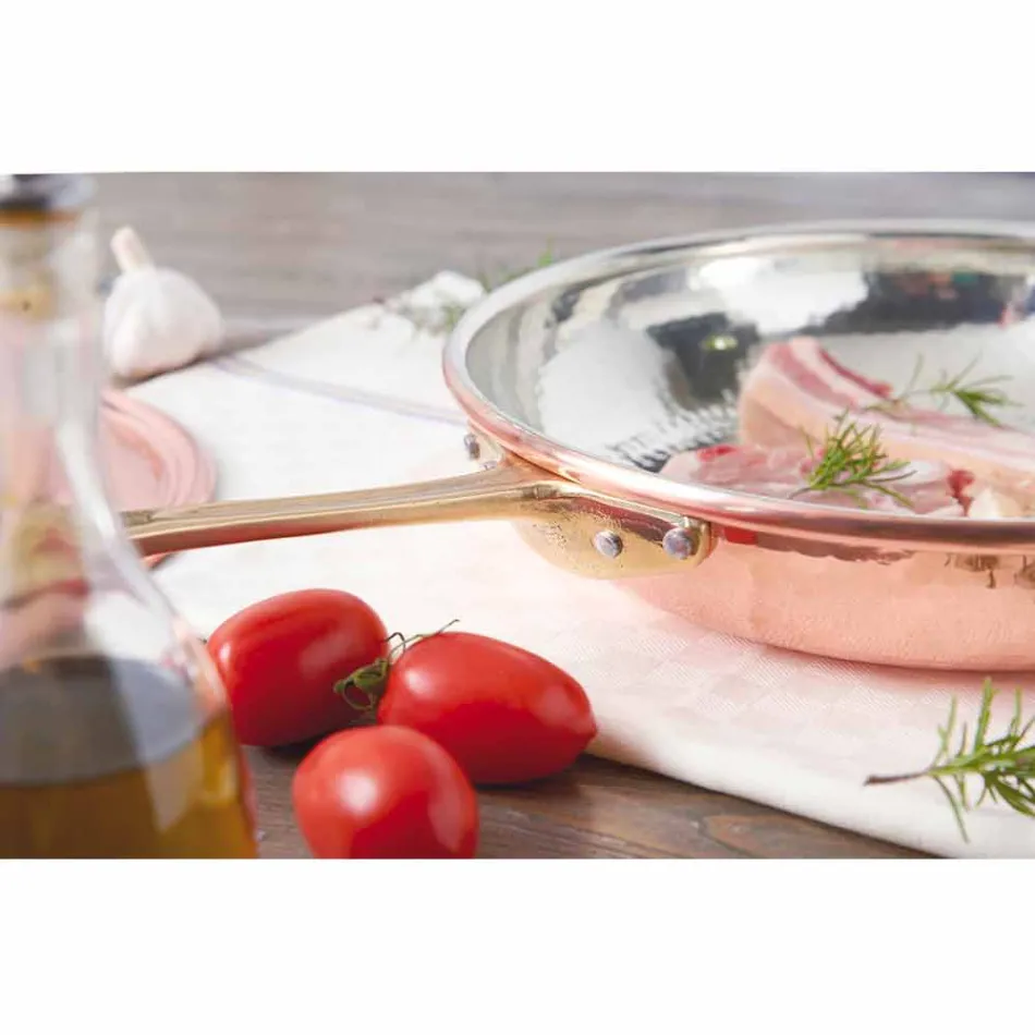 Round Pan in Tinned Copper by Hand with Handle and Lid 36 cm - Gianluigi Viadurini