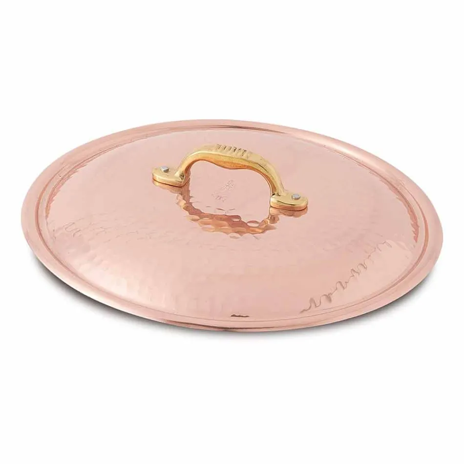 Round Pan in Tinned Copper by Hand with Handle and Lid 40 cm - Gianluigi Viadurini