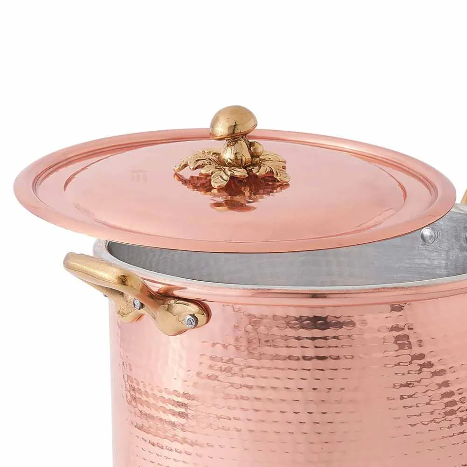 High Pot in Hand Tinned Copper with Handles and Lid 28 cm - Mariarita Viadurini