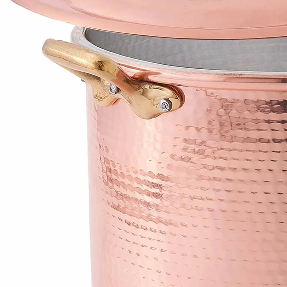 High Pot in Hand Tinned Copper with Handles and Lid 28 cm - Mariarita Viadurini