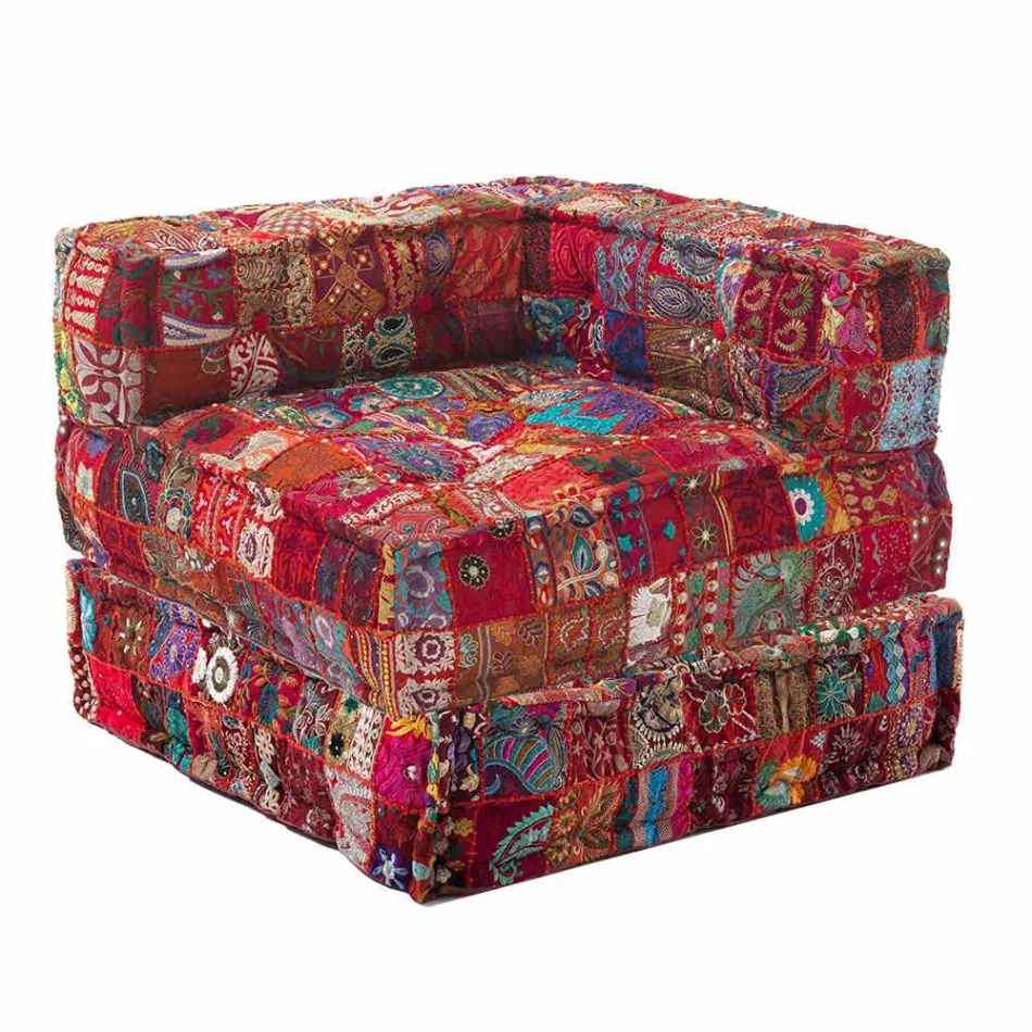 Chaise Longue Armchair of Ethnic Design in Patchwork Cotton, for Living Room - Fiber Viadurini