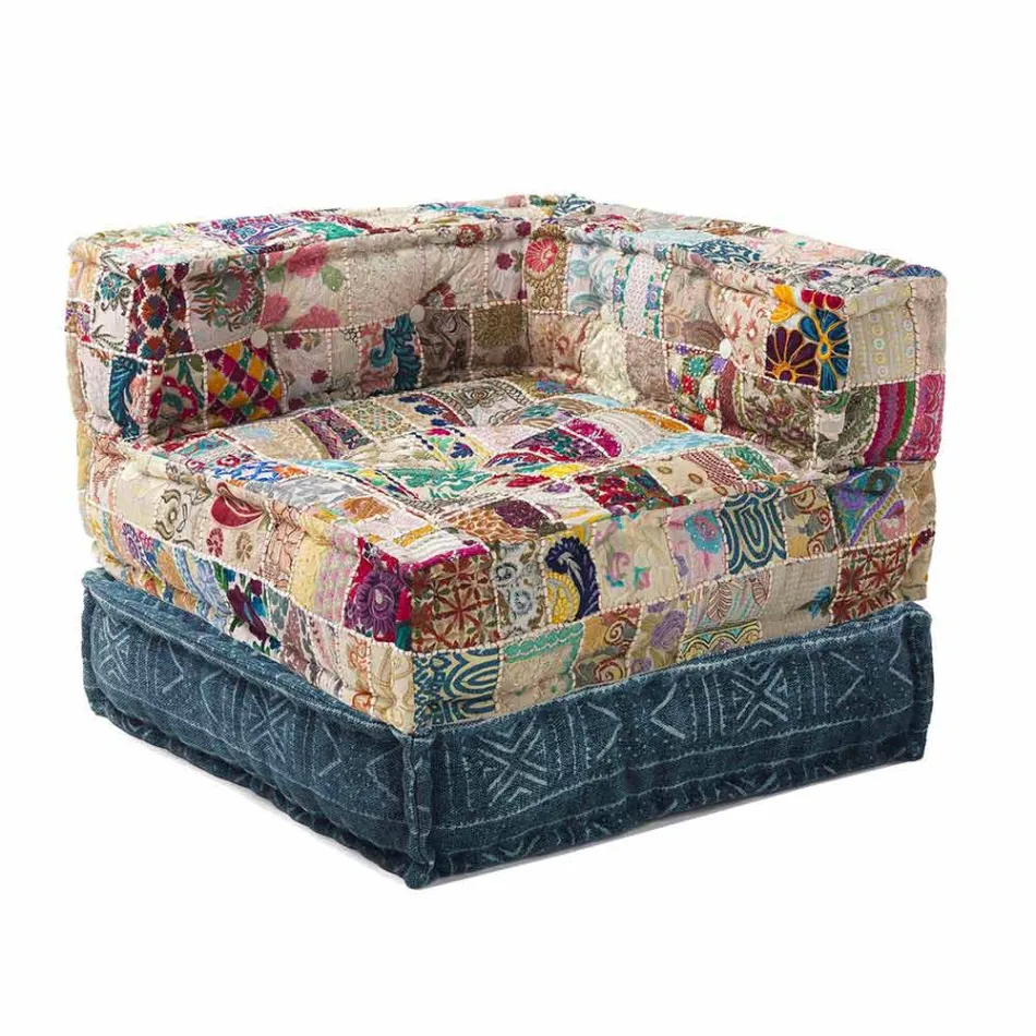 Chaise Longue Armchair of Ethnic Design in Patchwork Cotton, for Living Room - Fiber Viadurini