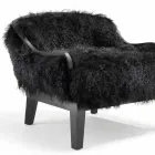Low armchair in black leather and fur, made in Italy, Eli Viadurini