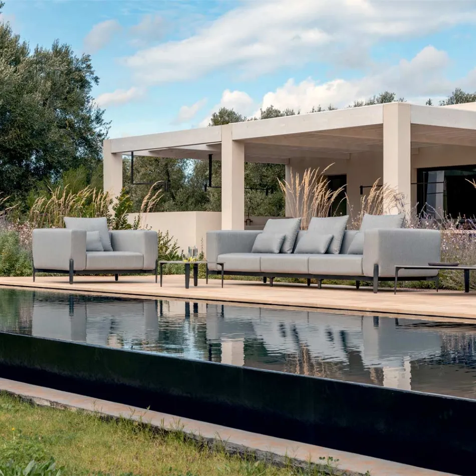 Relaxing Garden Armchair in Aluminum and Fabric, Design in 3 Finishes - Filomena Viadurini