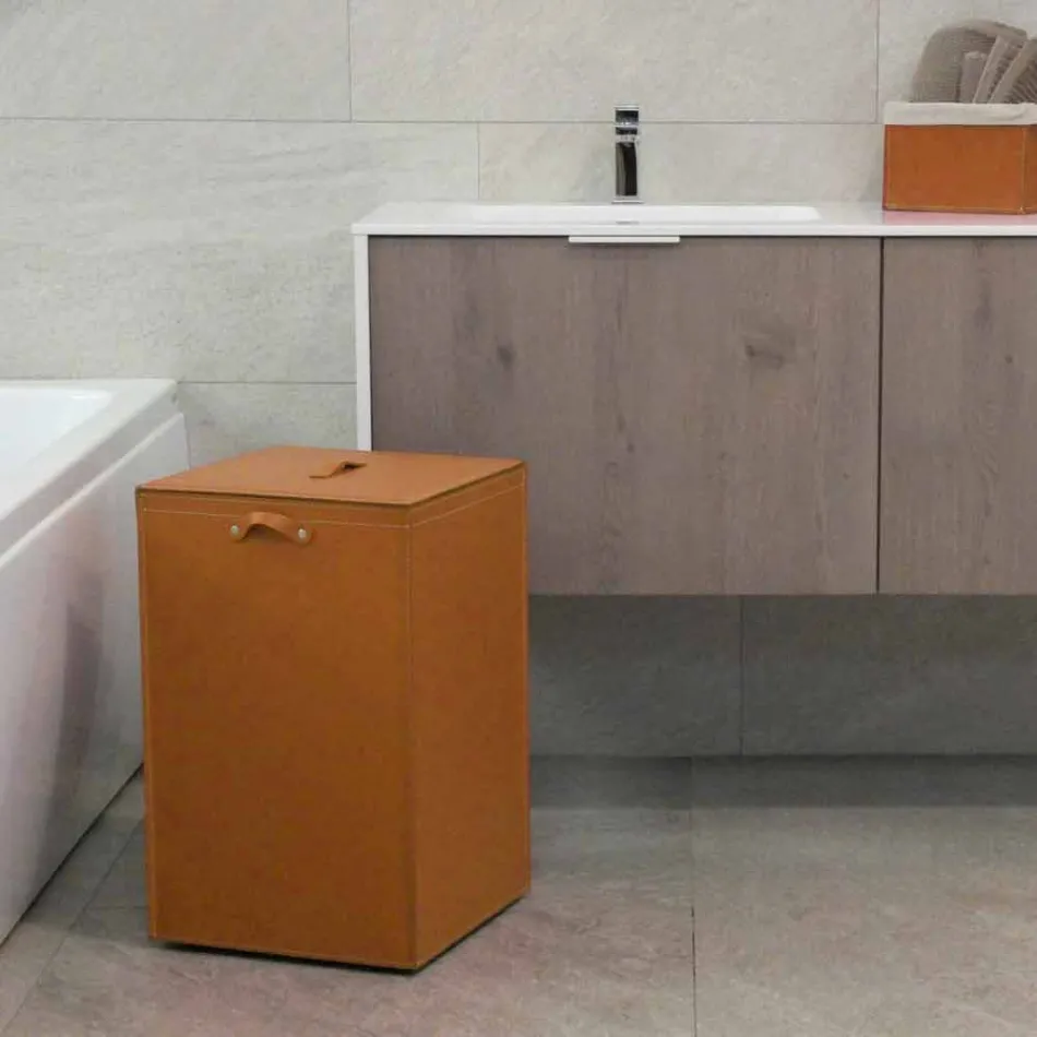 Leather laundry basket with square base David, made in Italy Viadurini
