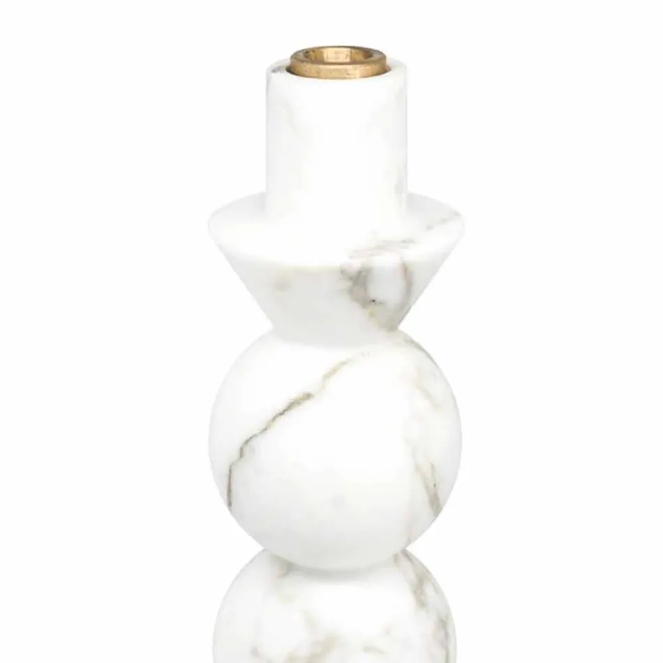 Tall Candle Holder in White Carrara Marble and Brass Made in Italy - Oley Viadurini