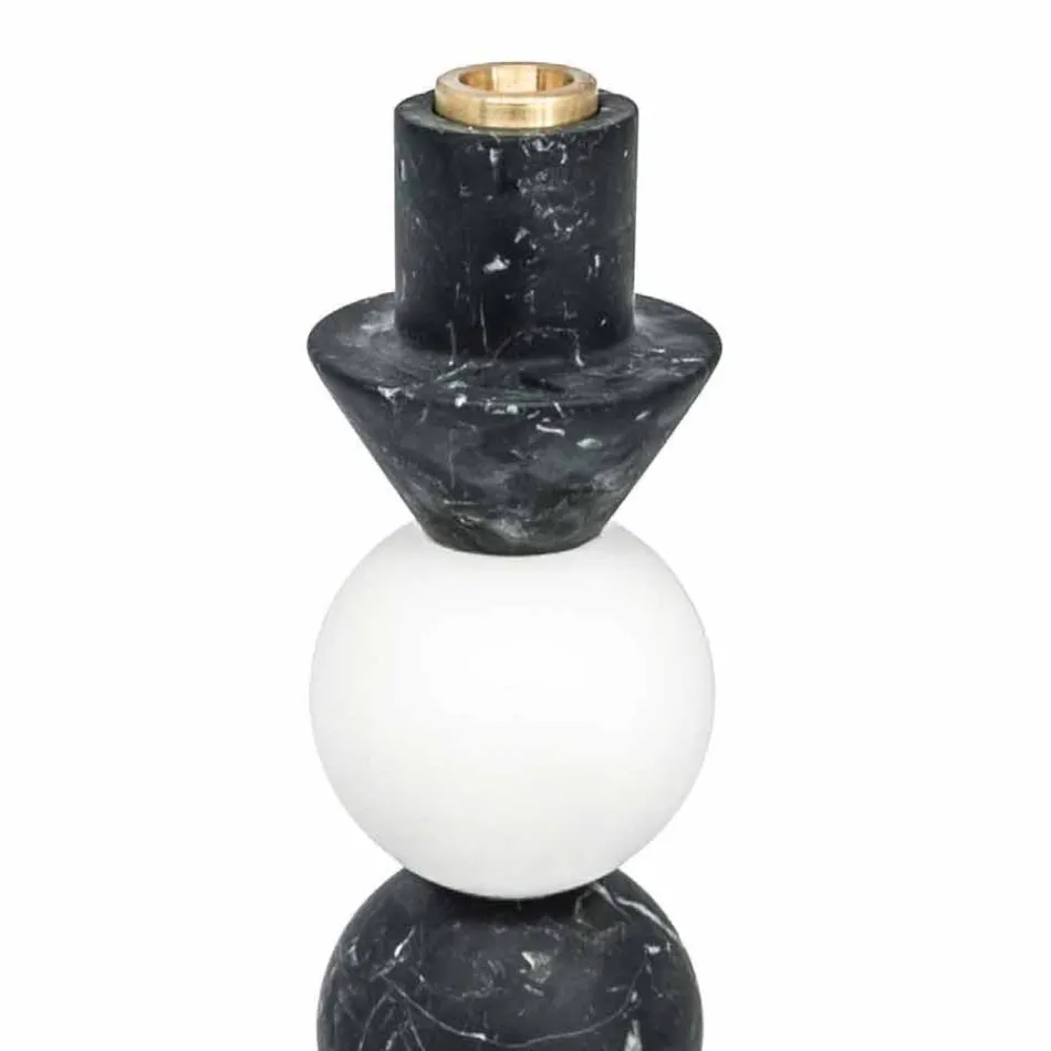 Tall Candle Holder in White, Black and Brass Marble Made in Italy - Bram Viadurini